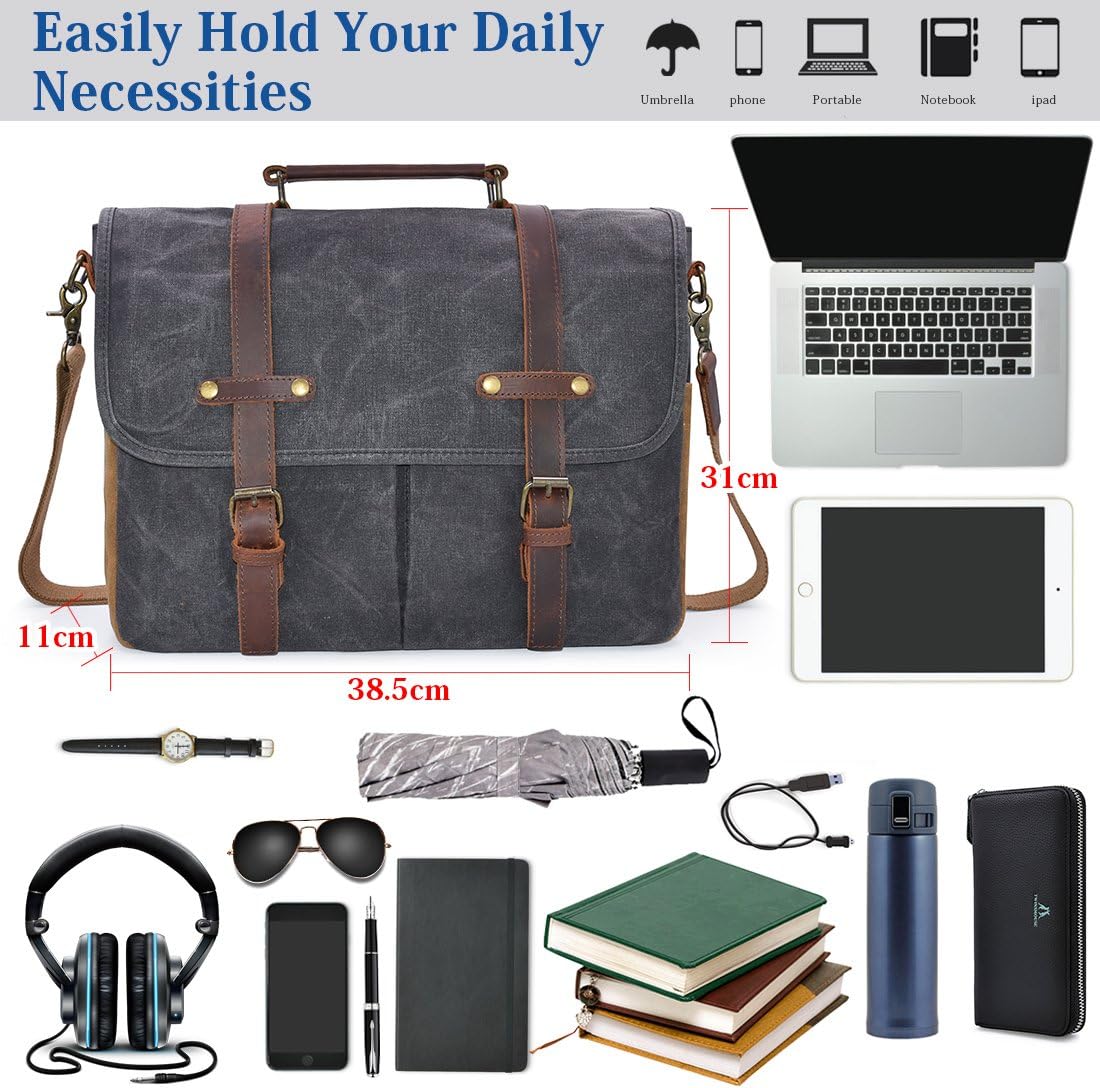 Mens Messenger Bag 15.6 Inch Waterproof Vintage Genuine Leather Waxed Canvas Briefcase Large Leather Computer Laptop Bag Rugged Satchel Shoulder Bag， Brown - Image 3